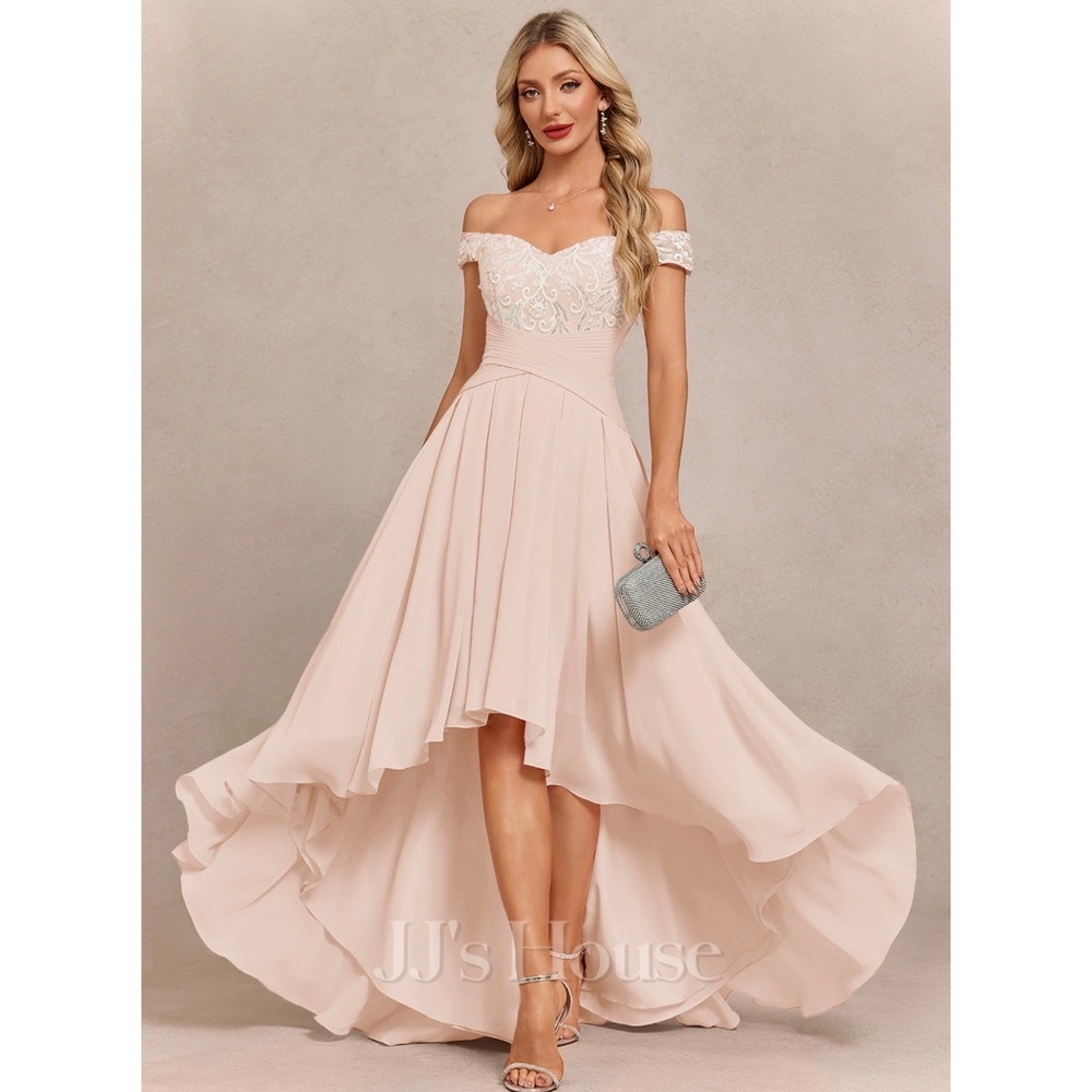 JJ's House Gioia Off the Shoulder Strapless Pleaded Chiffon Maxi Dress 14 Pink